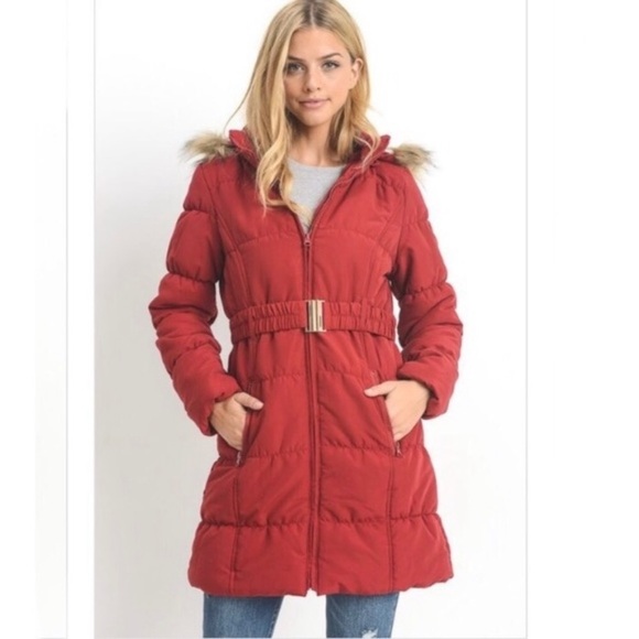 Long Olive Green Hooded Puffer Faux Fur Belted Parka Coat - Picture 5 of 6